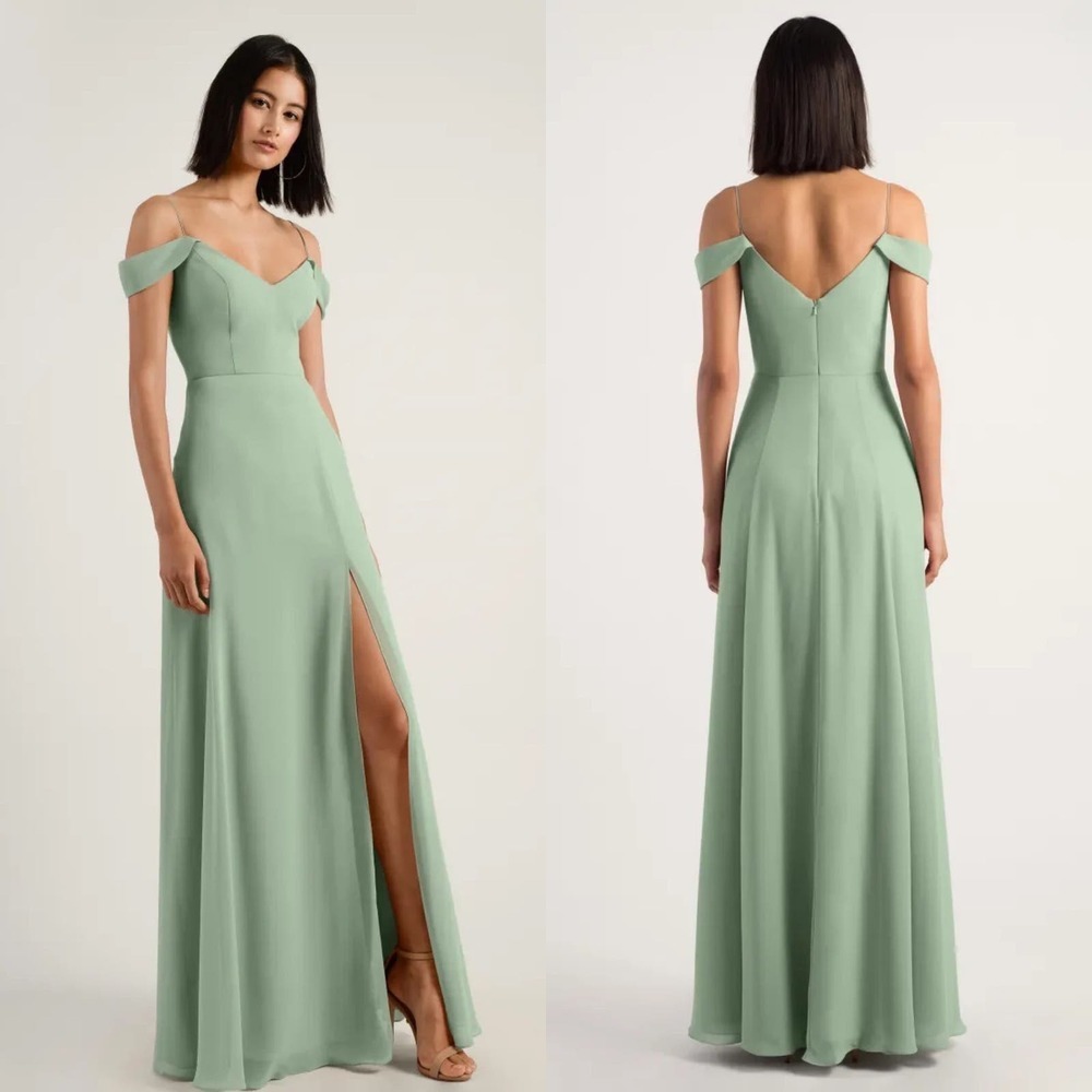 Jenny Yoo Priya Chiffon Bridesmaid Off Shoulder Flutter Sleeve Sage Green 2